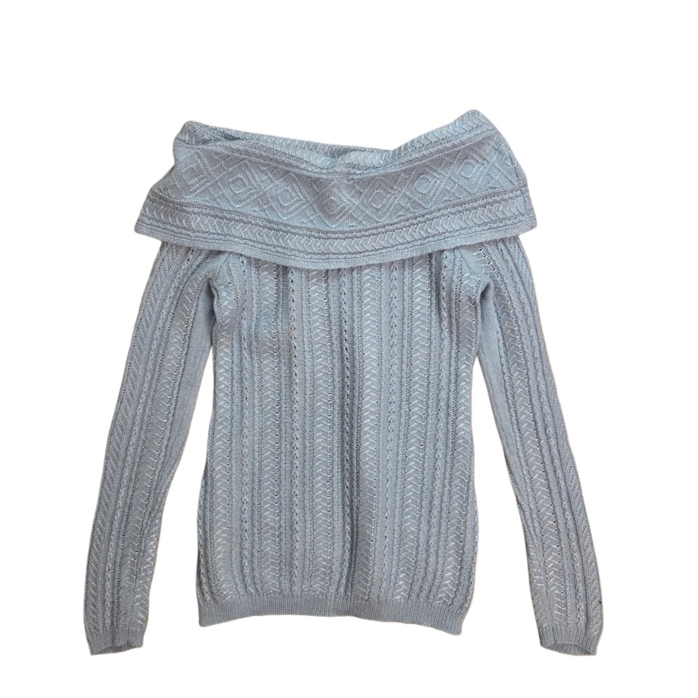 White House Black Market Gray Off-Shoulder Cable Knit Sweater - Picture 3 of 6